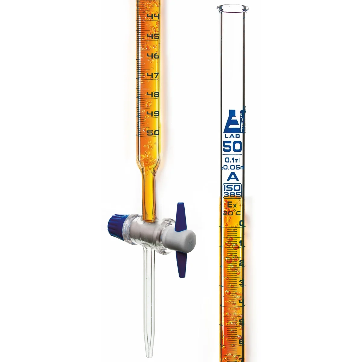 Burette 50 ml classe A, Clé droit en teflon EISCO